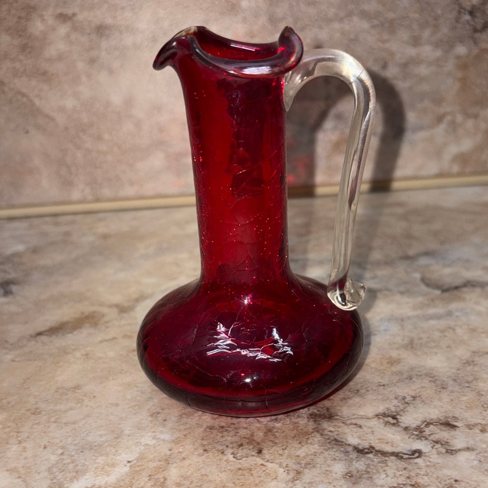 vintage red crackle glass pitcher  vibrant ruby red body 4-3/8”H
